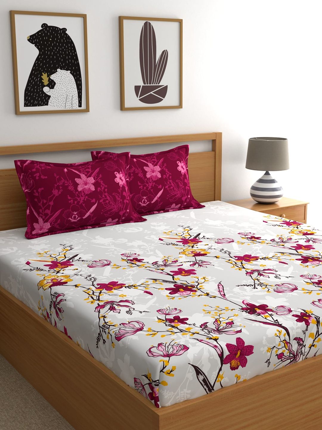 Dreamscape Pink & Grey Floral 140 TC King Bedsheet with 2 Pillow Covers-image-7