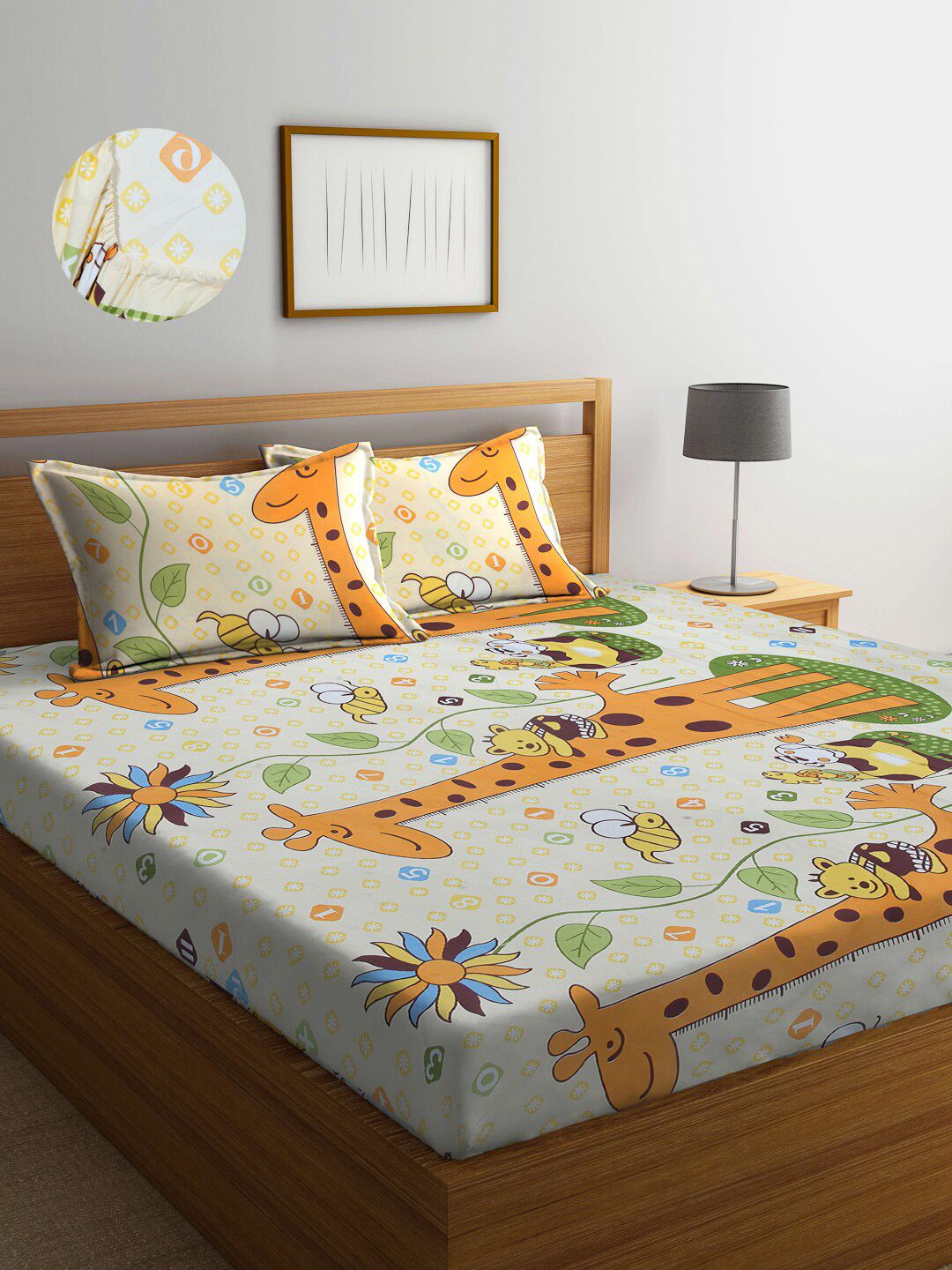 Arrabi Orange & Green Cartoon Characters 300 TC King Bedsheet with 2 Pillow Covers-picture-1