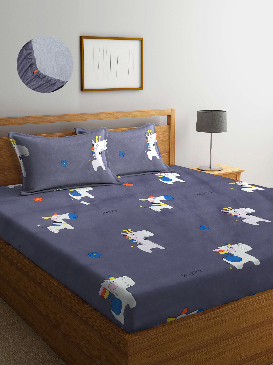 Arrabi Grey & White Cartoon Characters 300 TC King Bedsheet with 2 Pillow Covers-picture-3