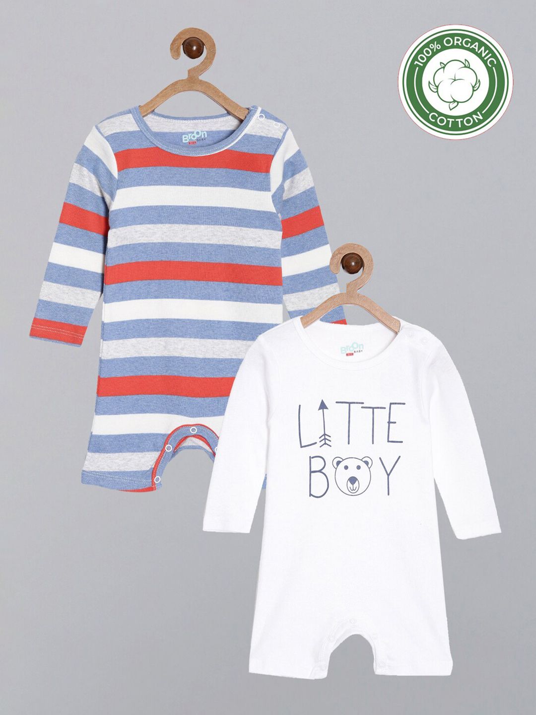 Broon Infant Boys Blue Striped and White Printed Pure Organic Cotton Rompers-image-2