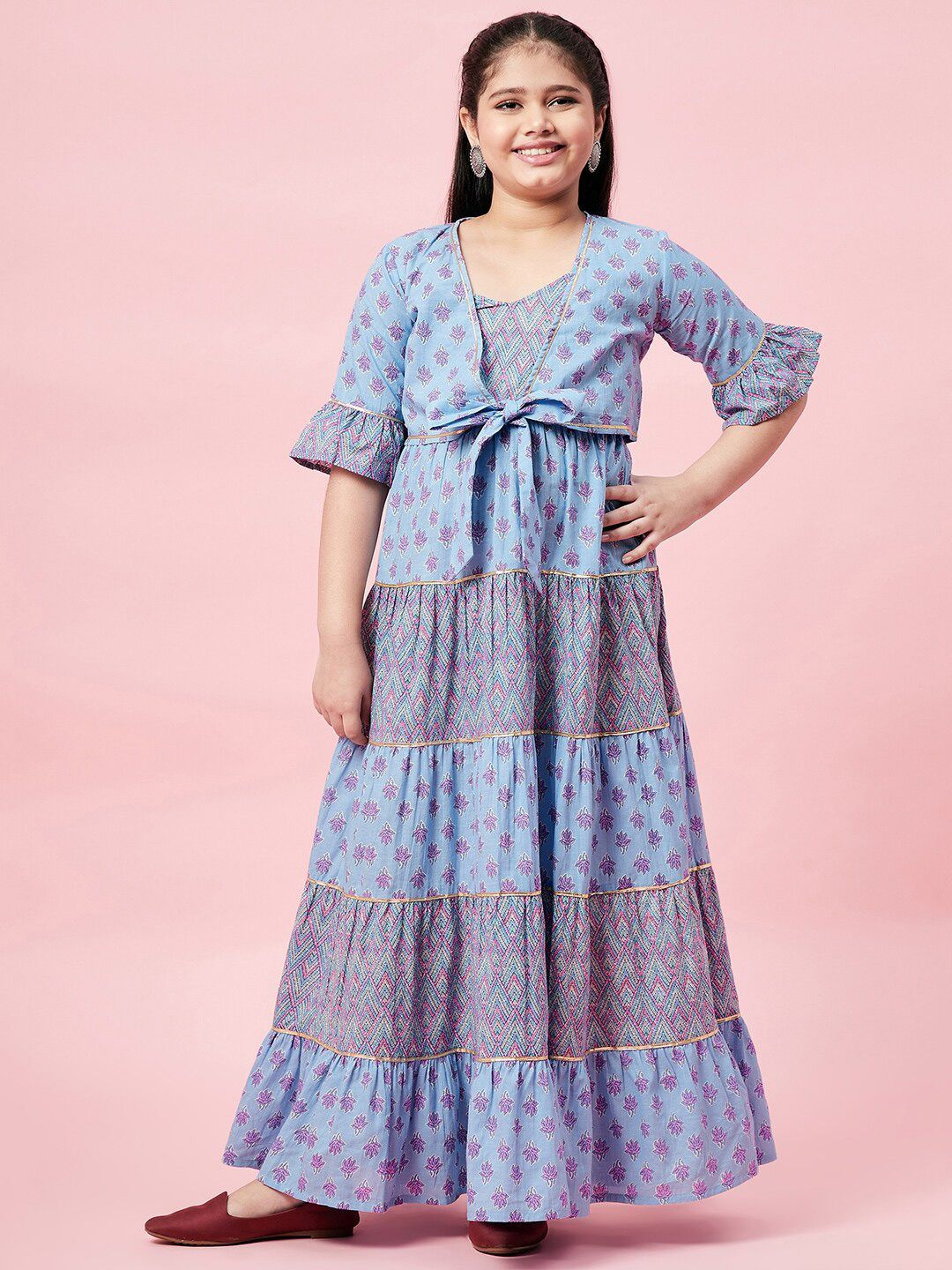 StyloBug Girls Blue Ethnic Motifs Layered Ethnic Maxi Dress-picture-23