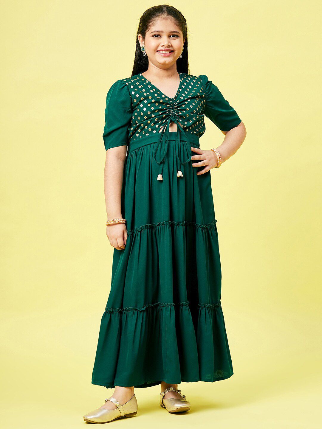StyloBug Girls Green Embellished Layered Ethnic Maxi Dress-picture-30