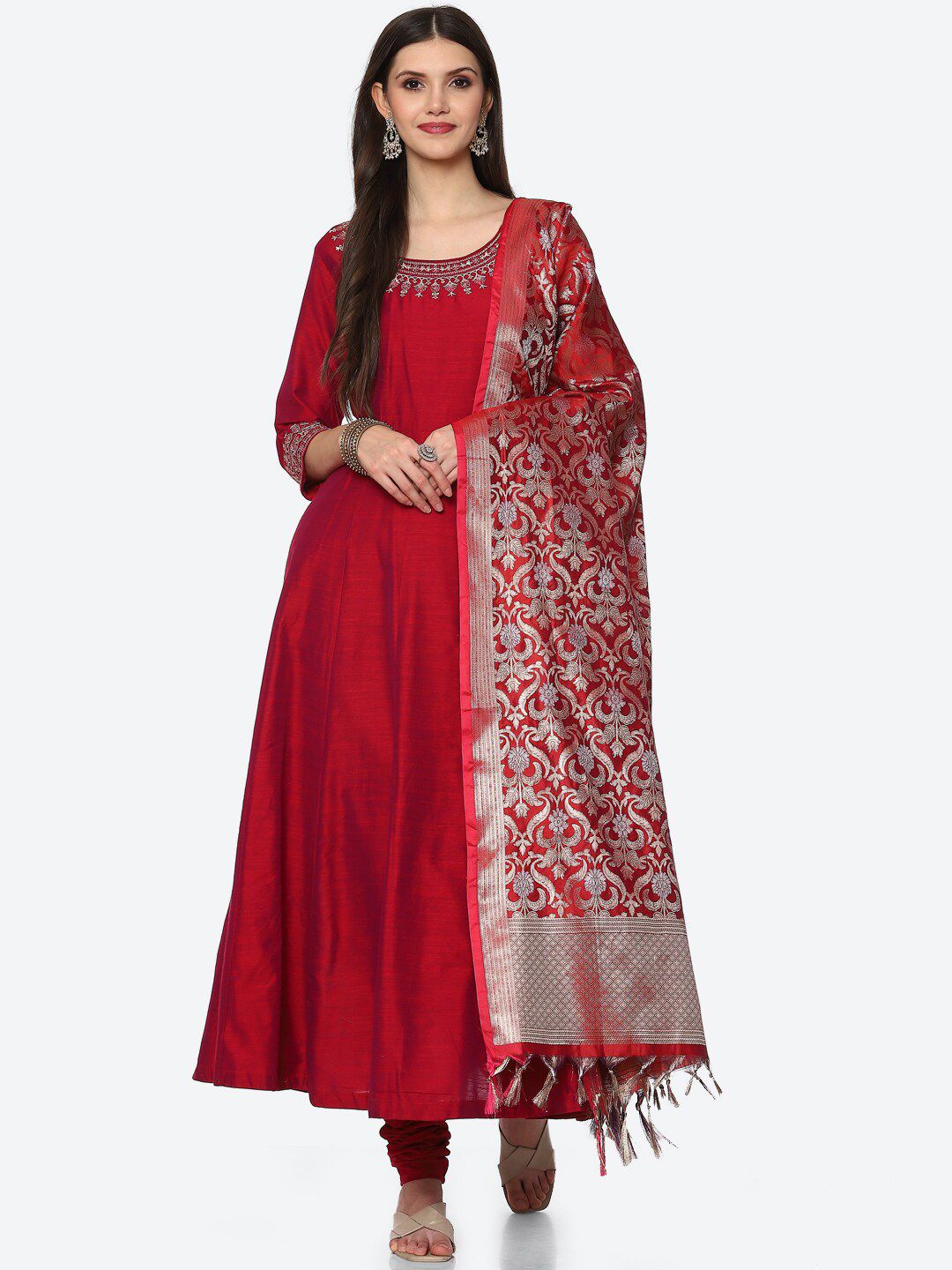 Biba Women Magenta Ethnic Motifs Embroidered Kurta with Churidar & With Dupatta-picture-24
