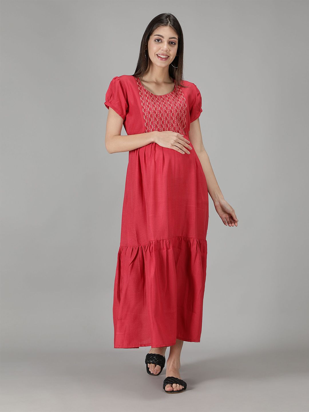 NIGHTSPREE Women Red Maternity Fit & Flare Maxi Dress