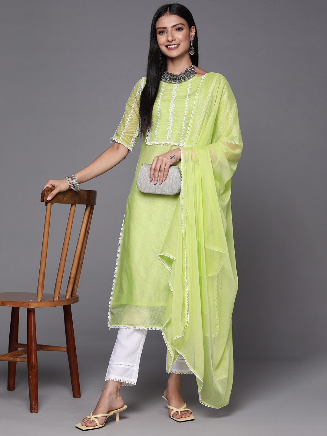 Inddus Women Green & White Embroidered Thread Work Kurta with Trousers & Dupatta