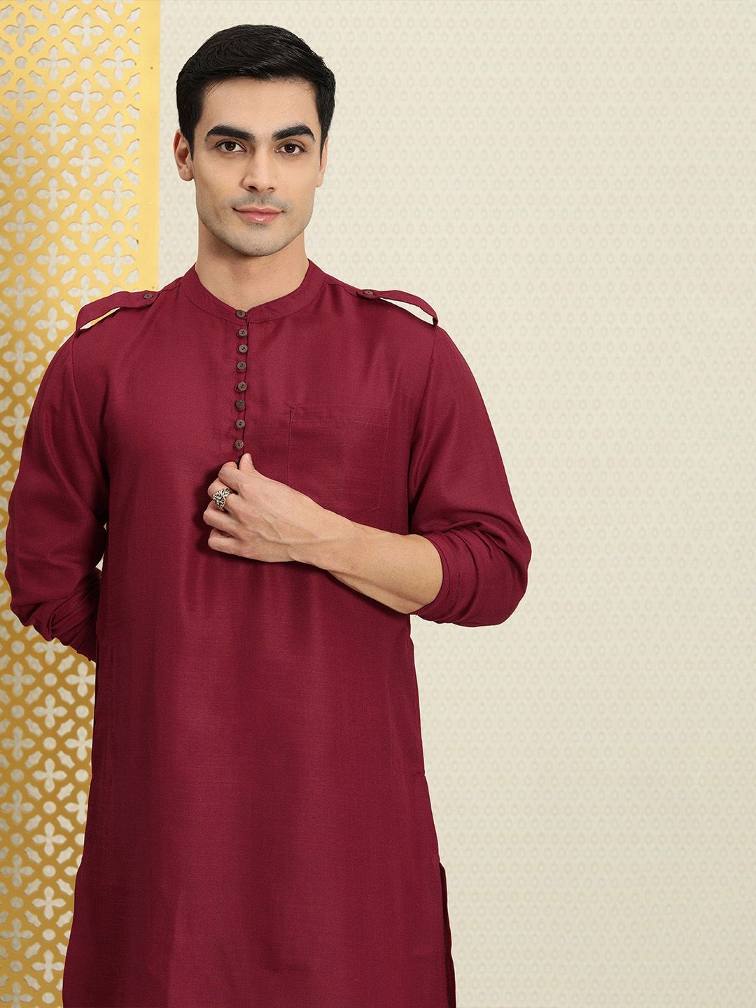 House of Pataudi Men Solid Band Collar Pathani Rozana Kurta With Shoulder Tabs