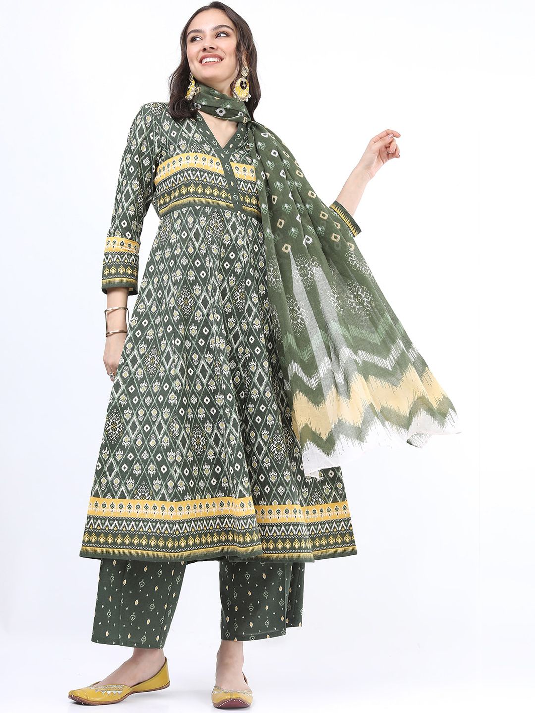 Vishudh Women Green Printed Pure Cotton Anarkali Kurta With Trousers & Dupatta-picture-21