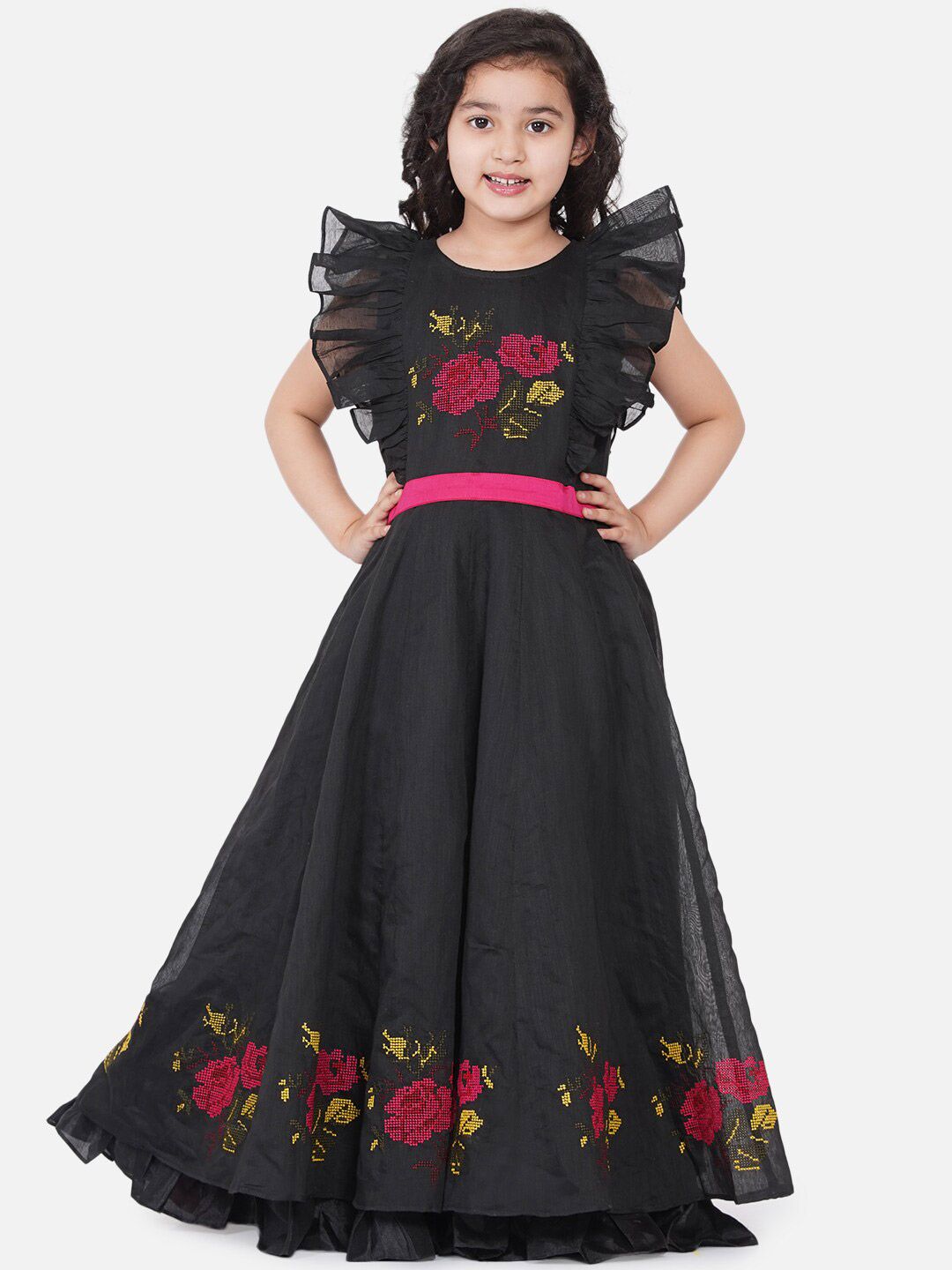 Bitiya by Bhama Bitiya by Bhama Girls Floral Embroidered Sleeveless Maxi Net Dress