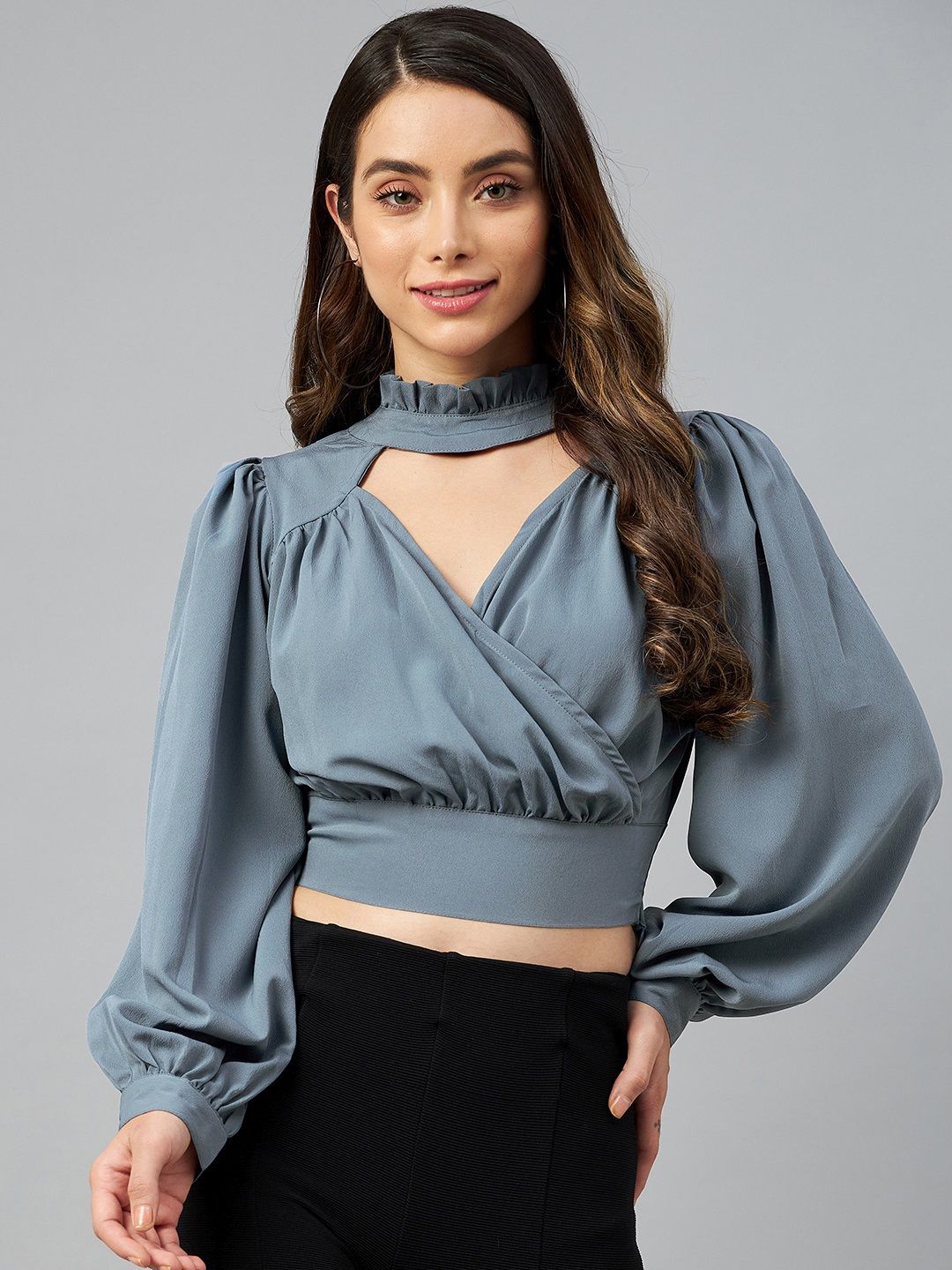 plusS Blue Solid Bishop Sleeves Wrap Top-picture-13