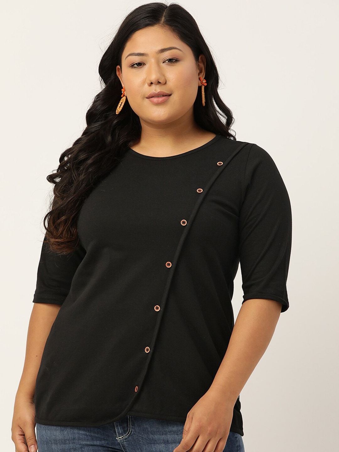 theRebelinme Plus Size Women Black Solid Colour Diagonal Button Pure Cotton Top
