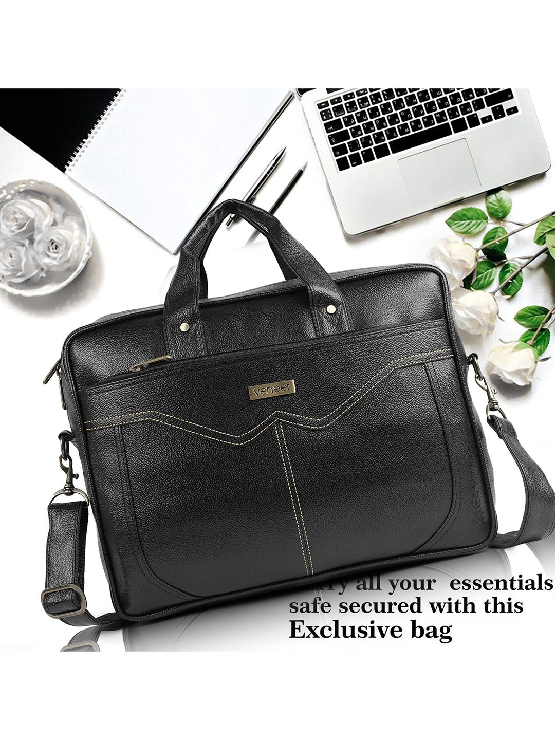 Veneer Unisex Black Solid Laptop Messenger Bag-image-23