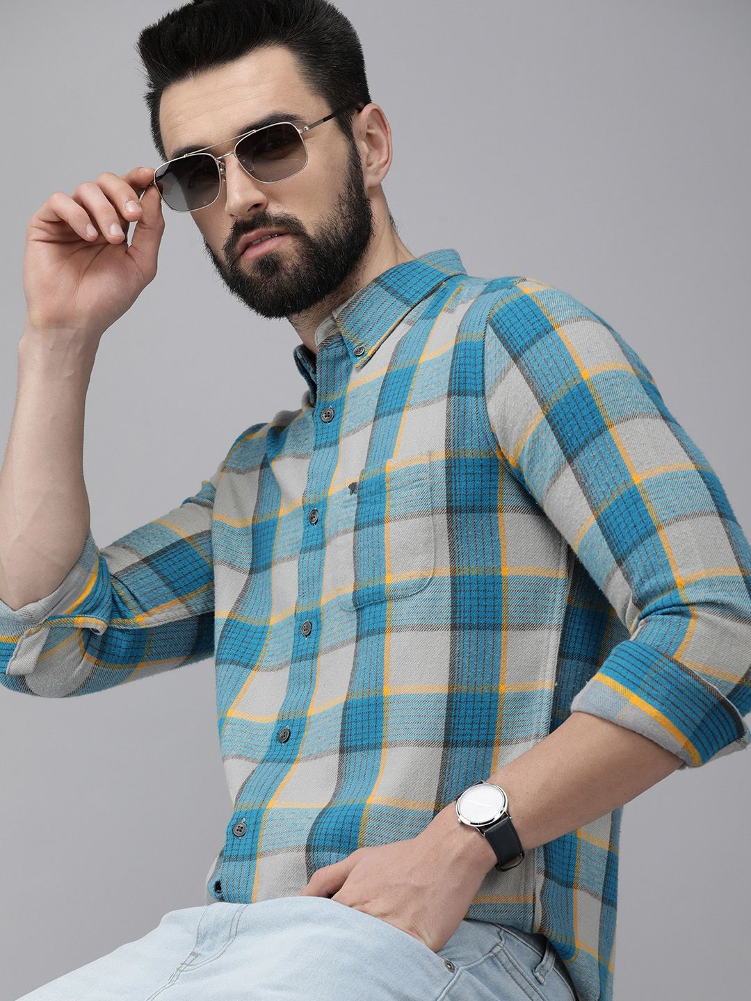 THE BEAR HOUSE Men Grey & Teal Blue Slim Fit Checked Flannel Cotton Casual Shirt-picture-29