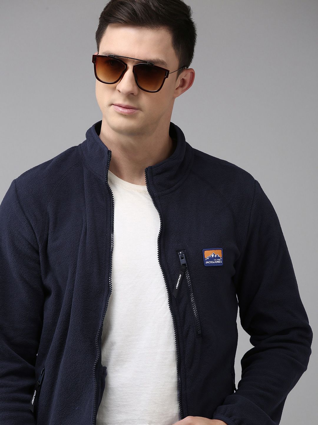 Jack & Jones Men Navy Blue Solid Polar Jacket