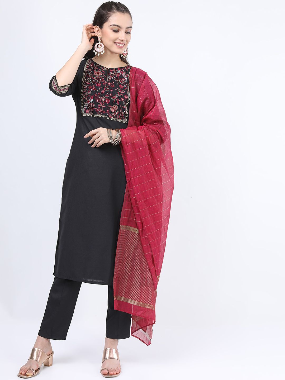 Vishudh Women Black Floral Embroidered Kurta with Trousers & With Dupatta-picture-21