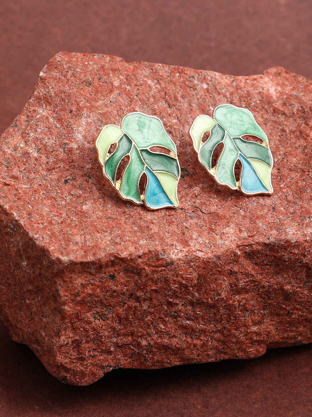 SOHI Green & Blue Gold-Plated Leaf Shaped Studs Earrings-picture-11