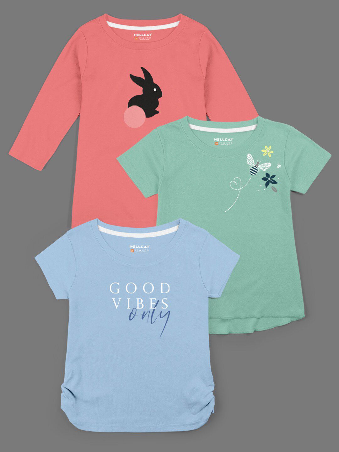 HELLCAT Girls Pack Of 3 Printed Bio Finish T-shirt-picture-40