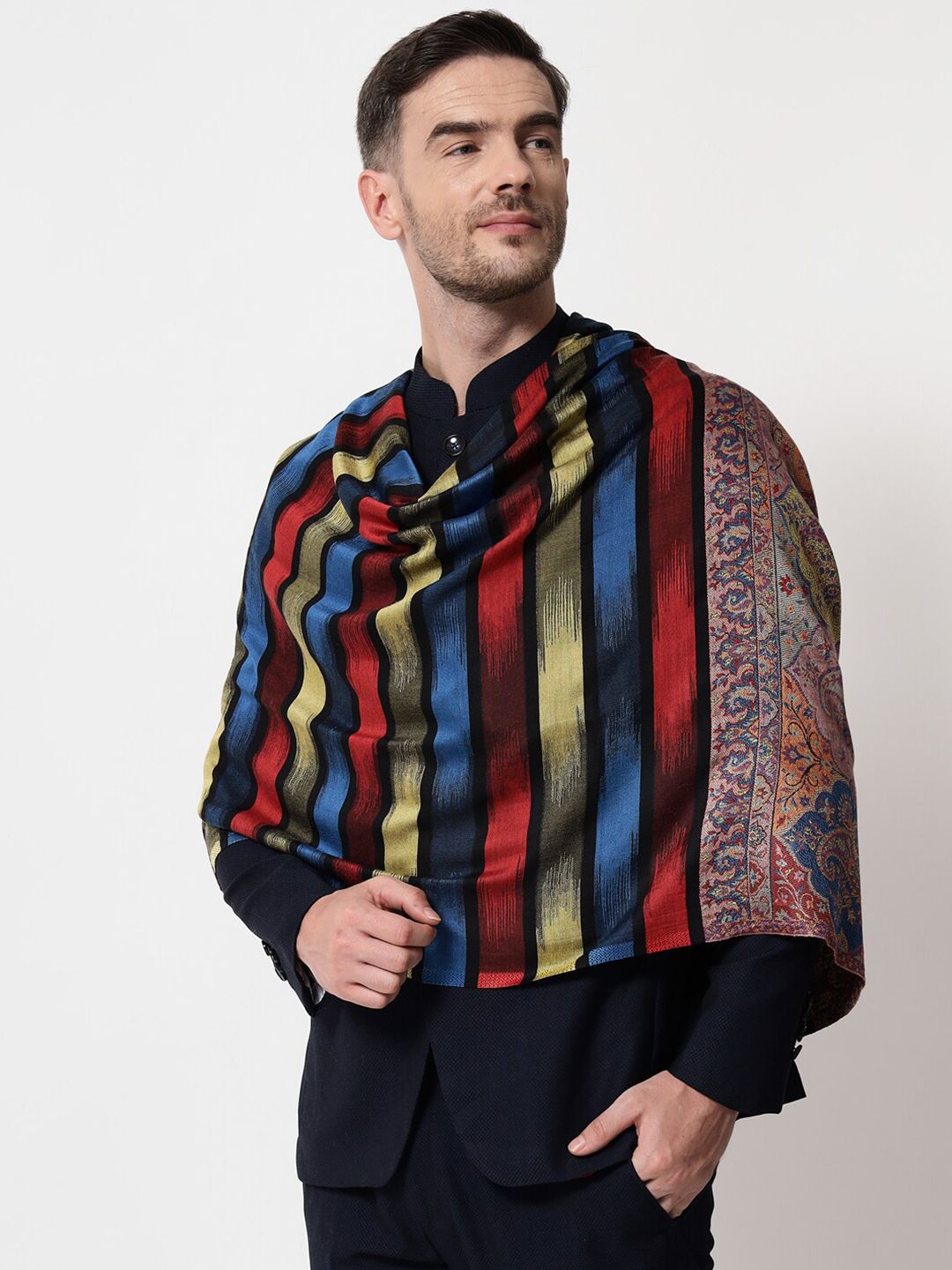 Pashtush Men Multicoloured Woven Design Stole-picture-10