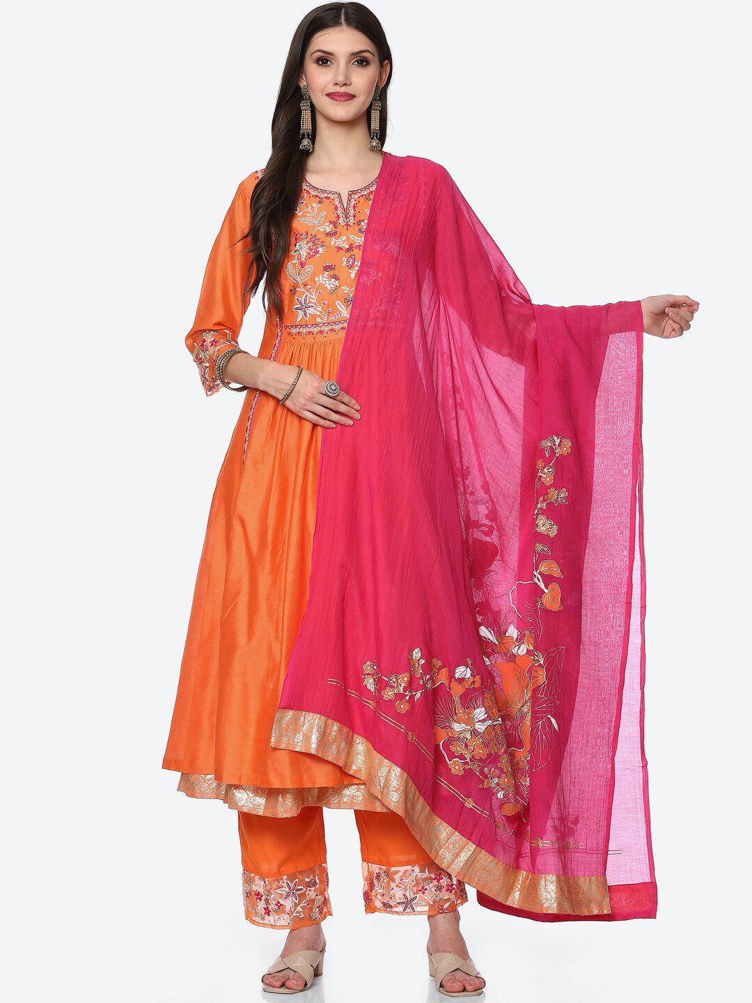 Biba Women Orange Floral Embroidered Chanderi Silk Kurta with Trousers & With Dupatta-image-21
