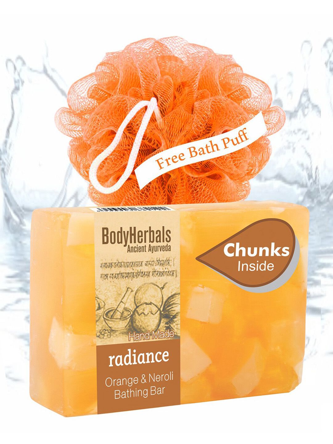 BodyHerbals Radiance Orange Neroli Soap Bar with Natural Chunks 100 g & Free Bath Puff-picture-24