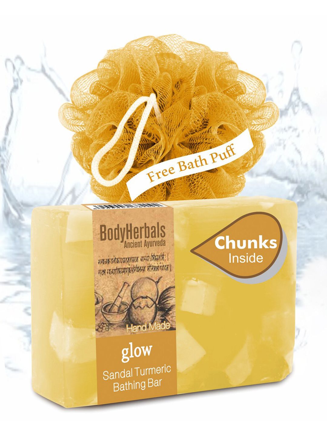 BodyHerbals Glow Sandal Turmeric Bathing Soap Bar with Natural Chunks & Free Bath Puff-picture-33