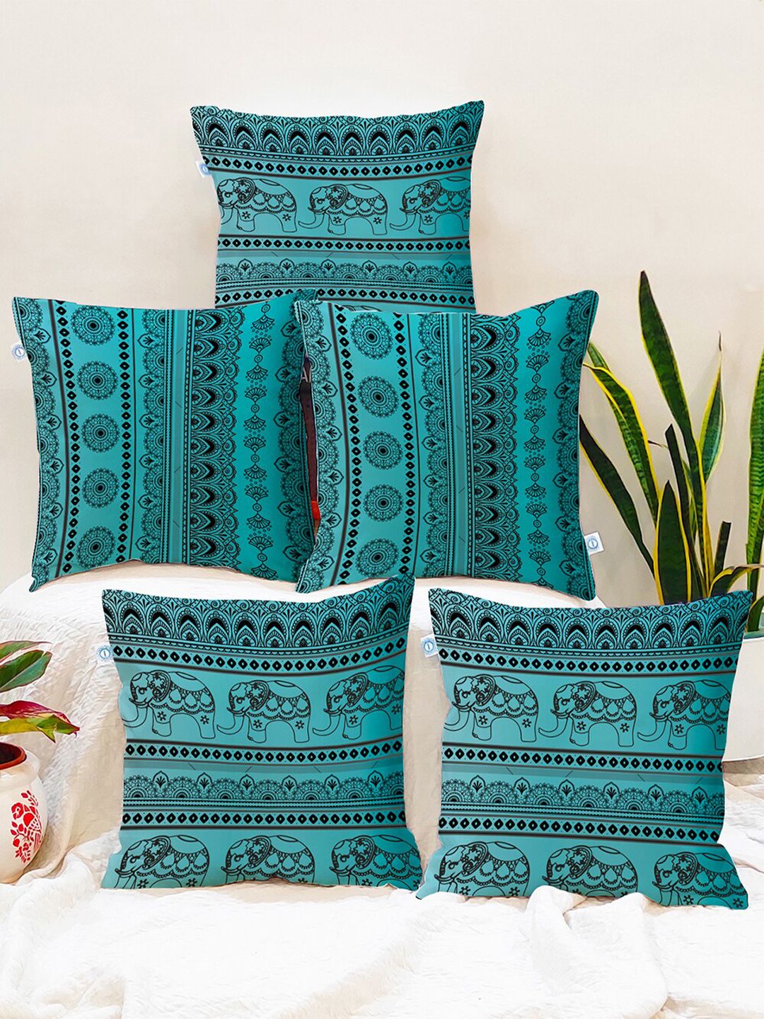 STITCHNEST Blue & Black Set of 5 Ethnic Motifs Square Cushion Covers-picture-39