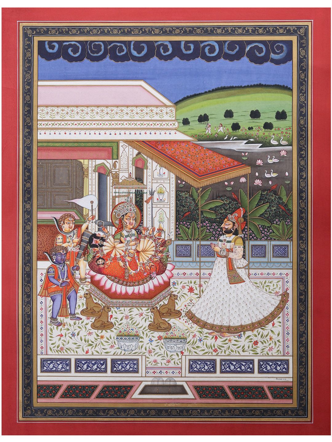 Exotic India Red & White Maharaja Mansingh Worshipping Devi Water Colour Wall Art-image-26