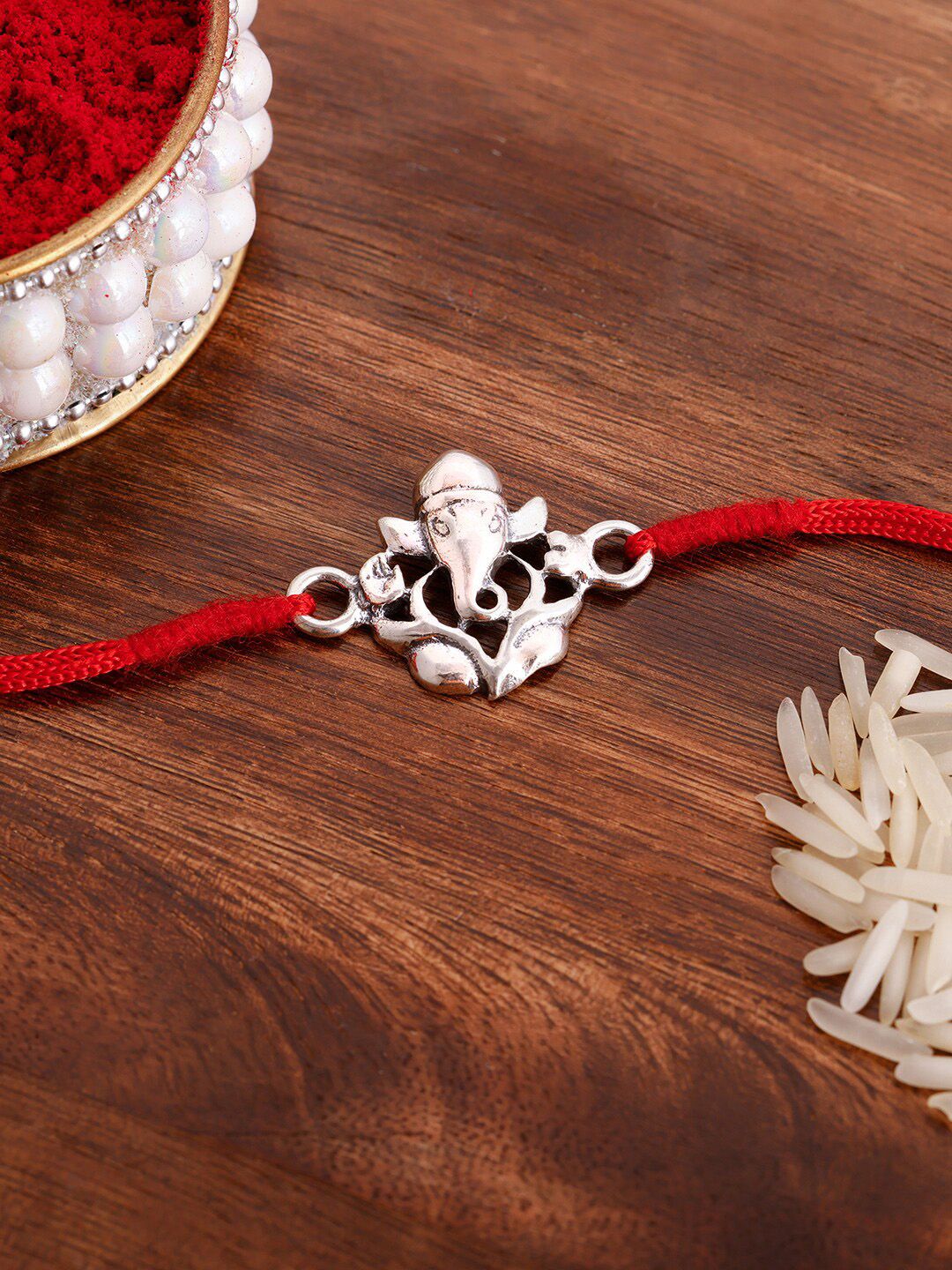 GIVA Men 92.5 Maroon & Silver-Toned Sterling Silver Lord Ganesha Studded Rakhi-picture-28