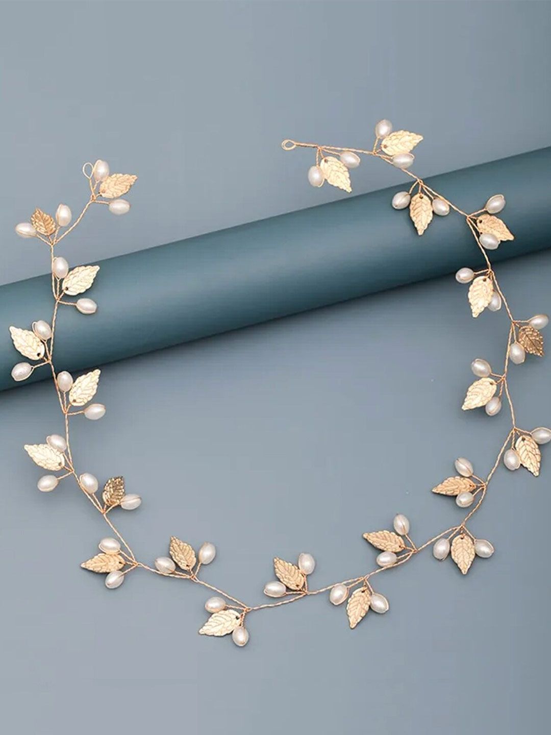 Yellow Chimes Women Gold-Toned White Pearl Leafy Hair Vines-image-31
