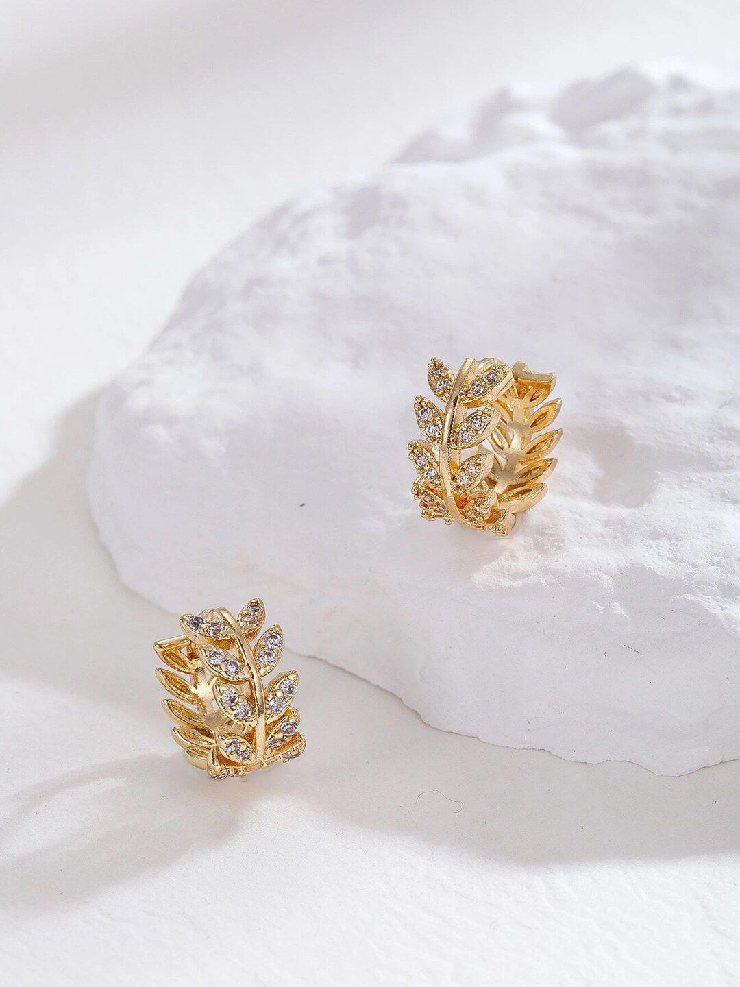 Yellow Chimes Gold Tone Cystal Leaflet Designed Hinged Tube Hoop Earrings-picture-41