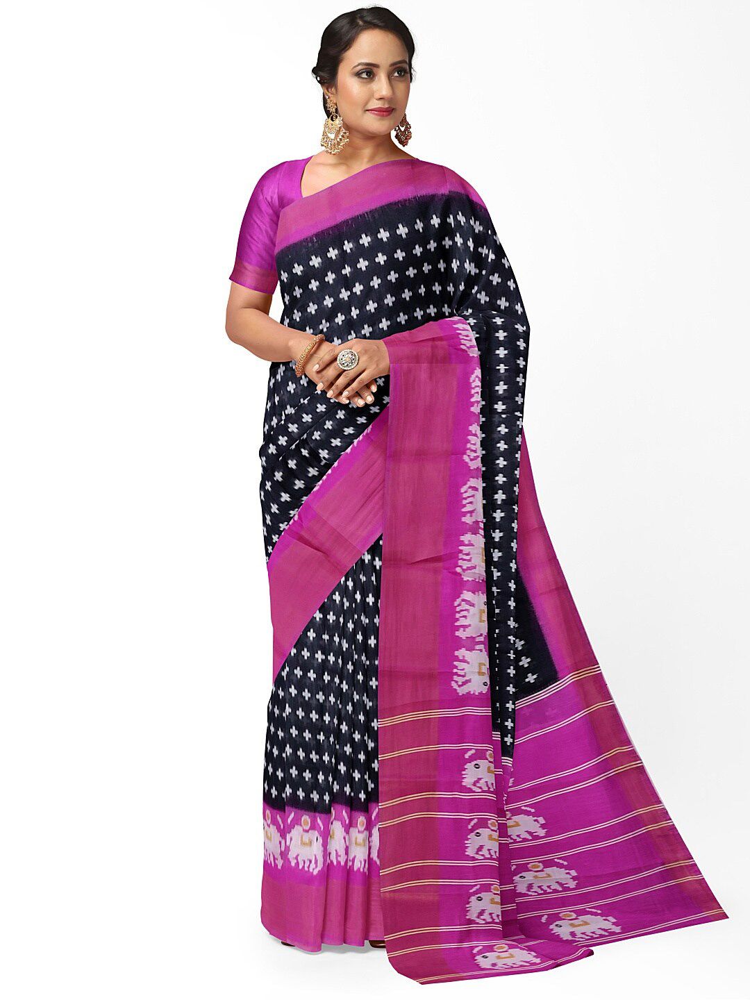 KALINI Black & Pink Kalamkari Silk Blend Bhagalpuri Saree-picture-50