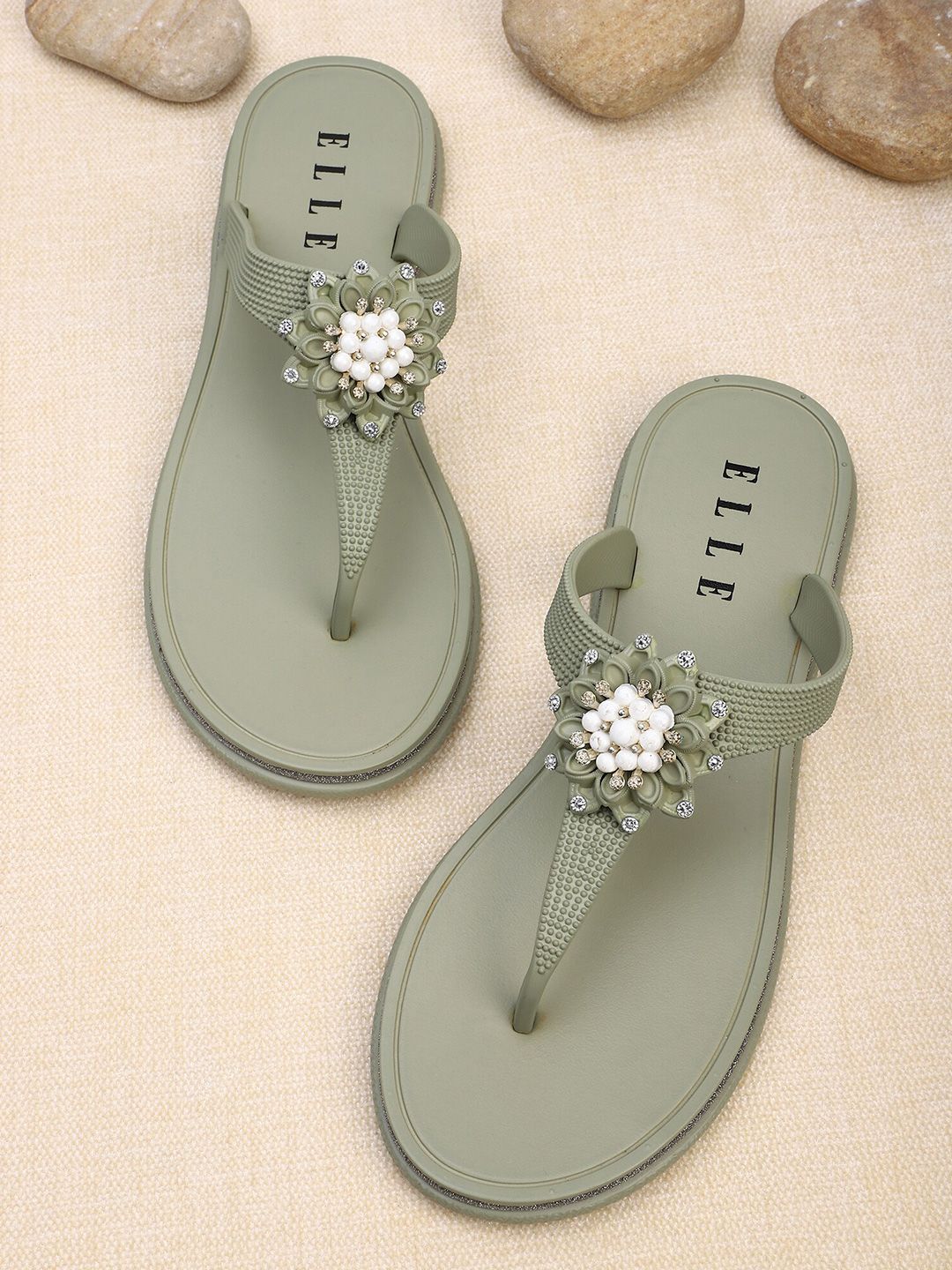 ELLE Women Green & White Embellished Thong Flip-Flops