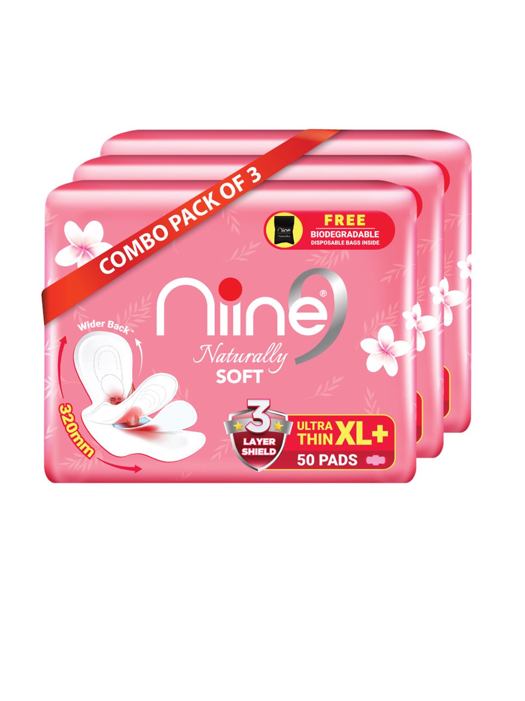 Niine Set of 3 Naturally Soft Ultra Thin XL+ 320mm Sanitary Pads - 50 Pads Each