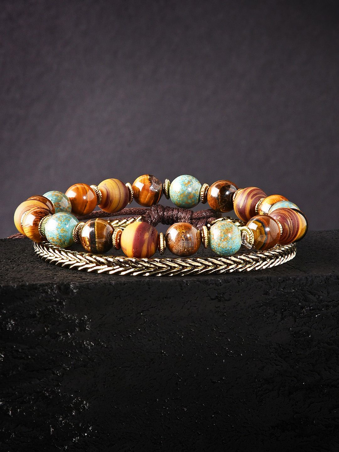 The Bro Code Men Set of 2 Gold-Toned & Brown Tigers Eye Gold-Plated Bracelet-picture-19