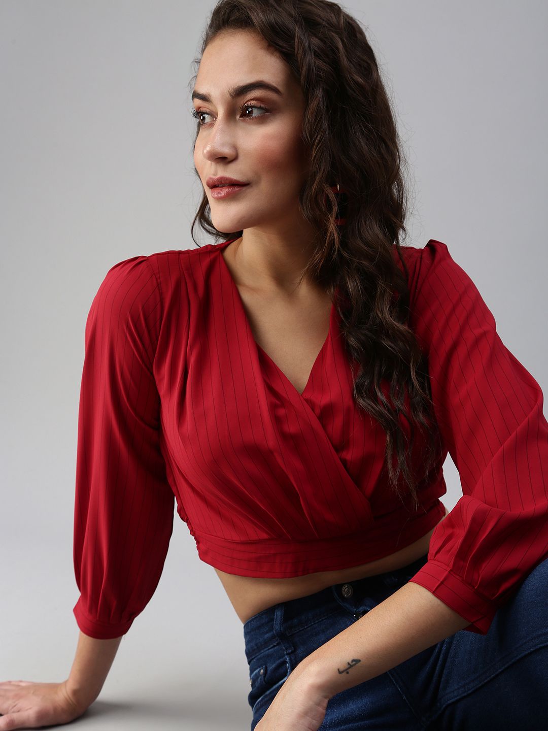 showoffff SHOWOFF Maroon Crepe Solid  Wrap Cinched Waist Crop Top-picture-33