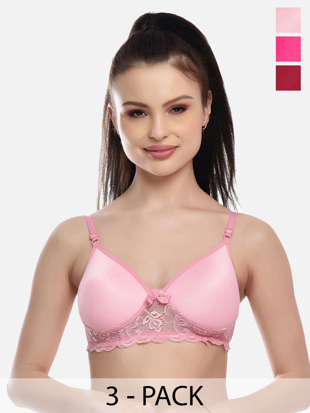 FIMS Pack of 3 Pink & Maroon Bra Lightly Padded