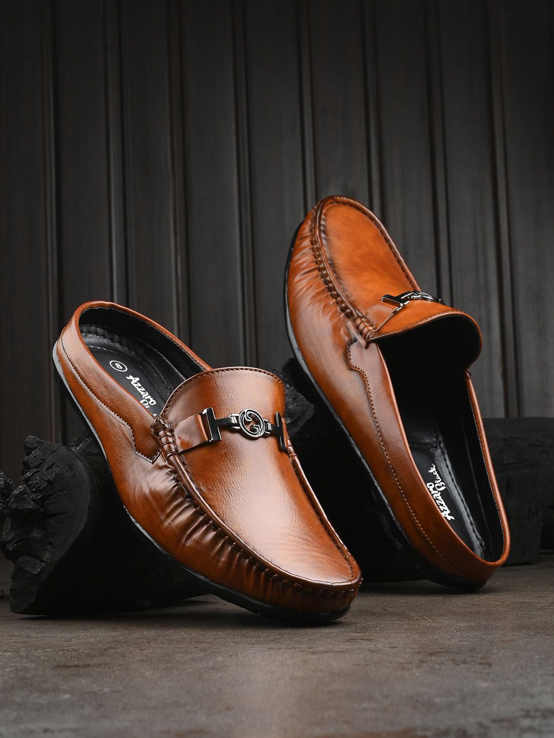 Azzaro Black Men Tan Textured Loafers-picture-20