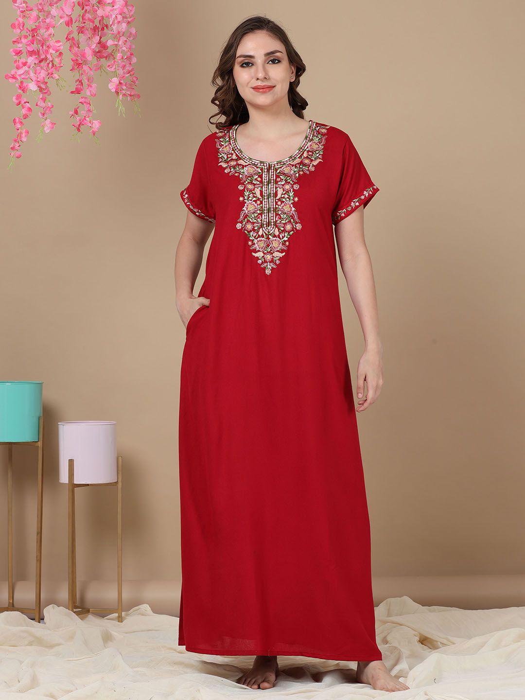 9shines Label Red Embroidered Maxi Nightdress-picture-51