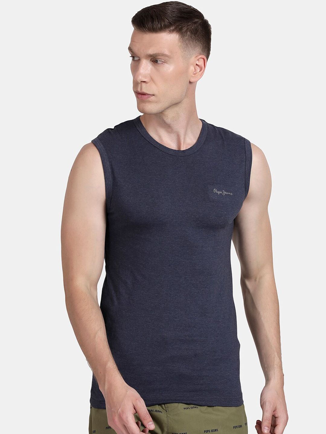 Pepe Jeans Men Blue Solid Cotton Innerwear Vests ATV02