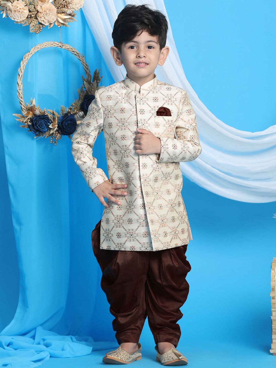 VASTRAMAY Infant Beige & Coffee Brown Woven-Design Sherwani Set-picture-38