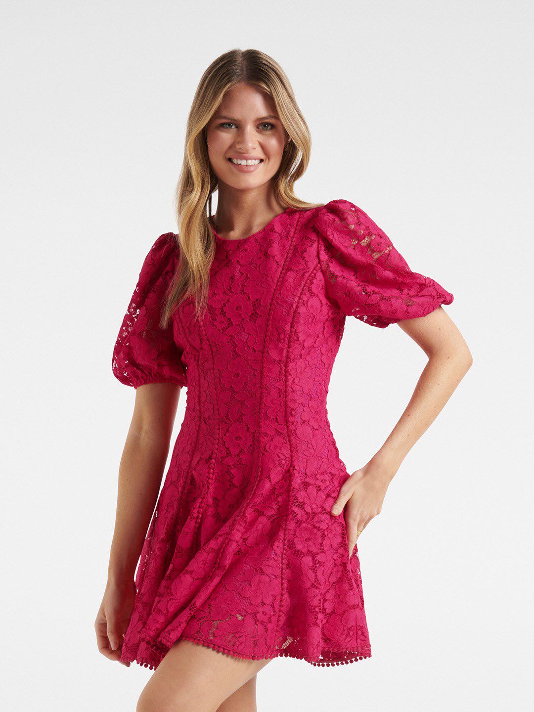 Forever New Women Rose Self Designed Lace Trim Mini Dress-picture-40