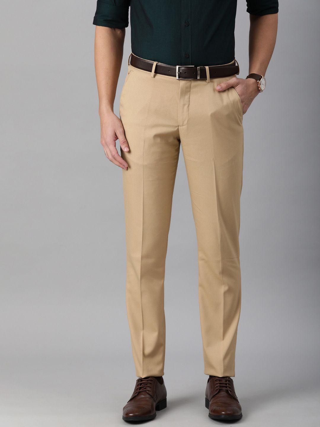 Louis Philippe Men Beige Slim Fit Low-Rise Regular Trousers-picture-11