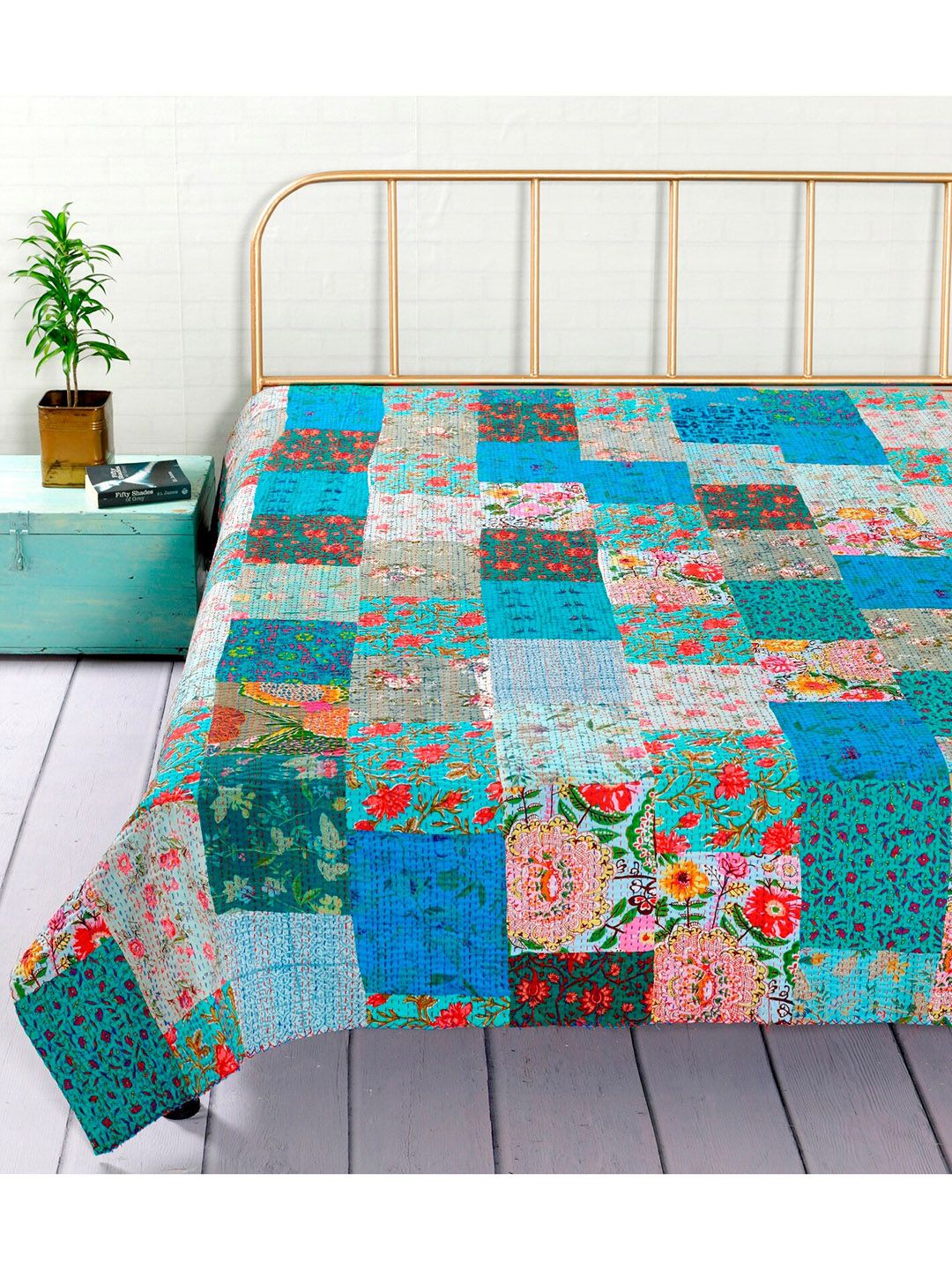 HANDICRAFT PALACE Women Turquoise Blue & Pink Patchwork Kantha Embroidered Cotton Double Bed Cover-picture-10