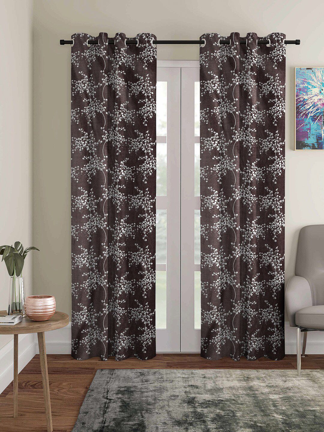 ROMEE Coffee Brown & White Set of 2 Floral Room Darkening Door Curtain-image-33