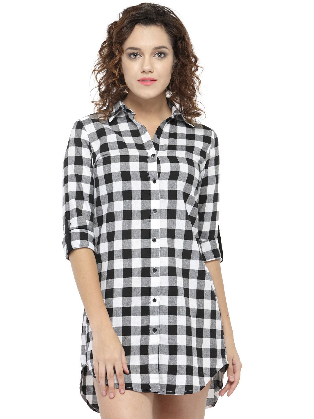 Hive91 Women Black & White Checked Shirt Mini Dress-picture-1