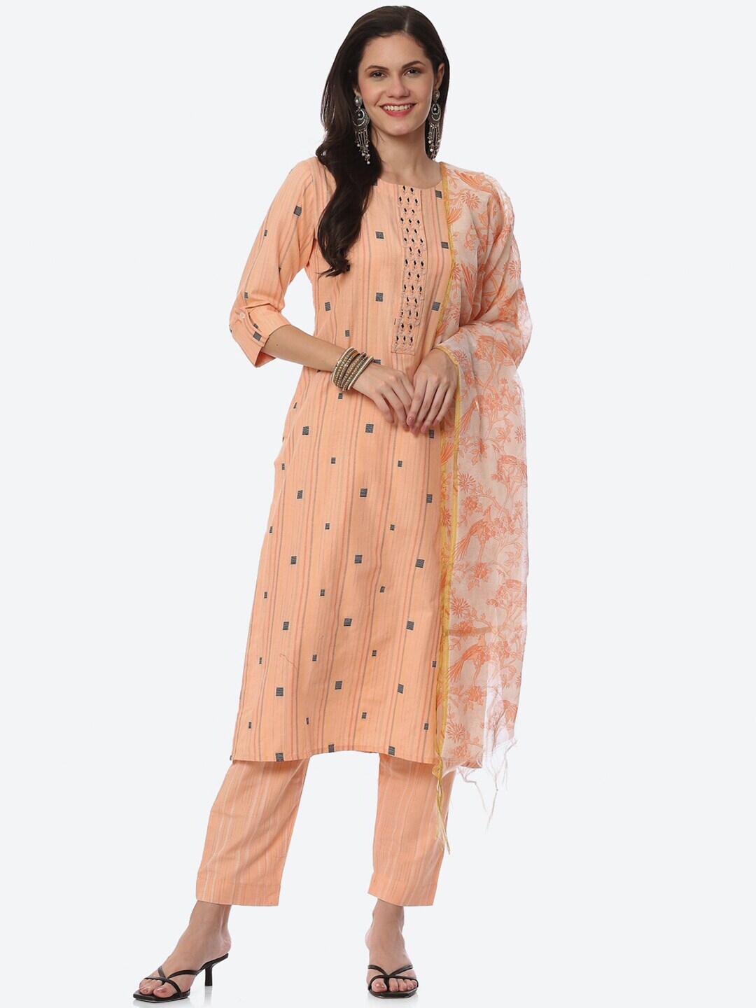 Biba Peach-Coloured Embroidered Unstitched Dress Material