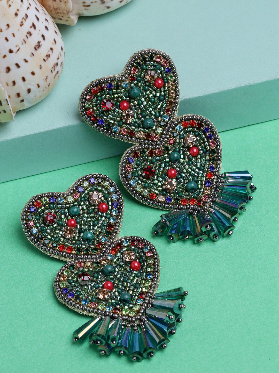 Moedbuille Silver Plated Handcrafted Sequins Beads & Crystals Heart Shape Chandbalis