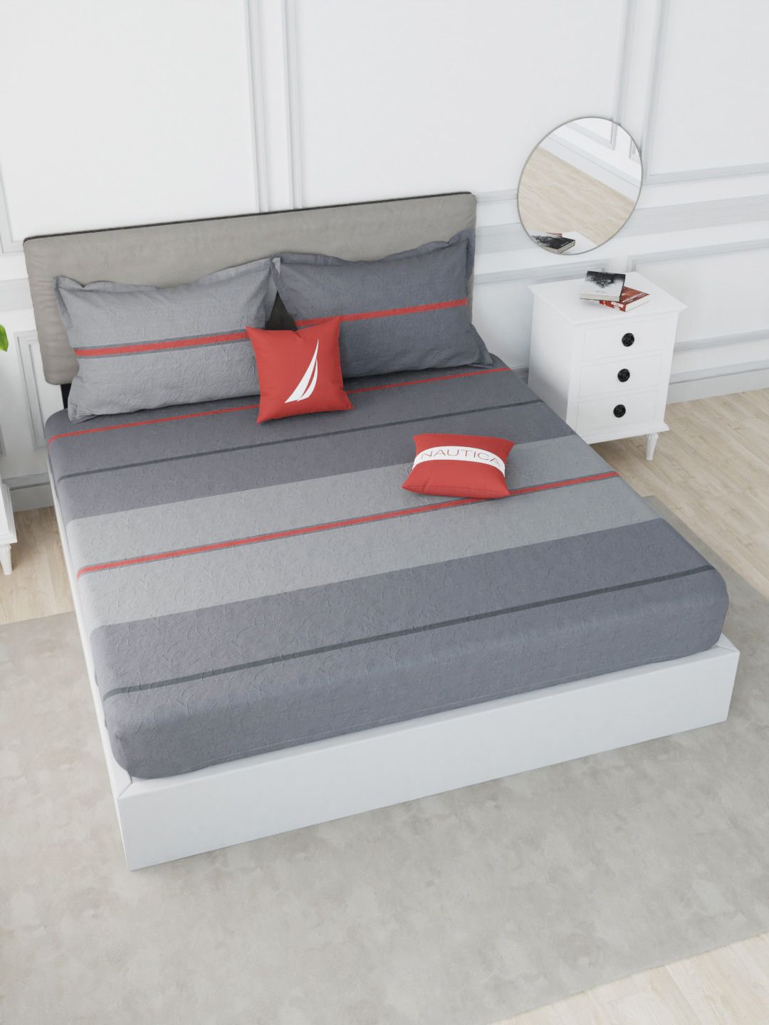 Nautica Grey & Red Striped 210 TC King Bedsheet with 2 Pillow