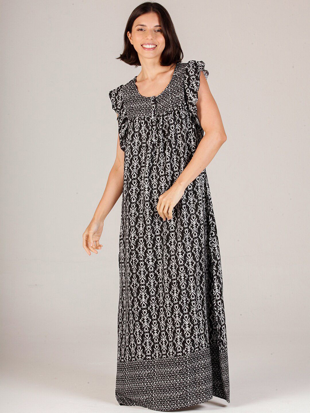 evolove Black Printed Maxi Nightdress-image-1
