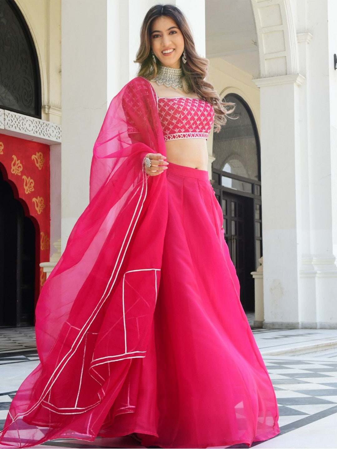 Lavanya The Label Women Pink & Silver-Toned Ready to Wear Lehenga & Blouse With Dupatta