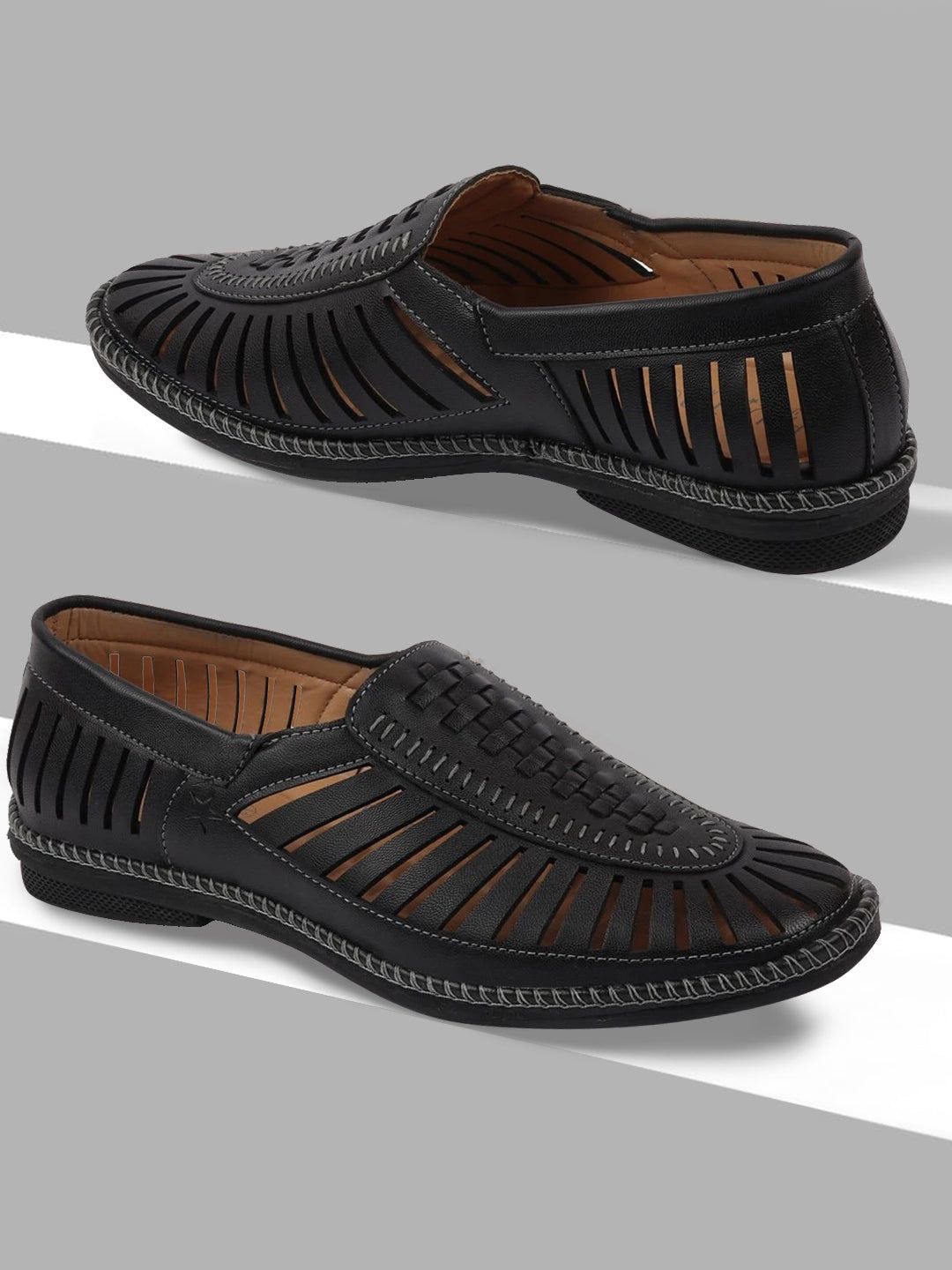 FAUSTO Men Black PU Slip-On Laser Cut Stitched Ethnic Sneakers-picture-27